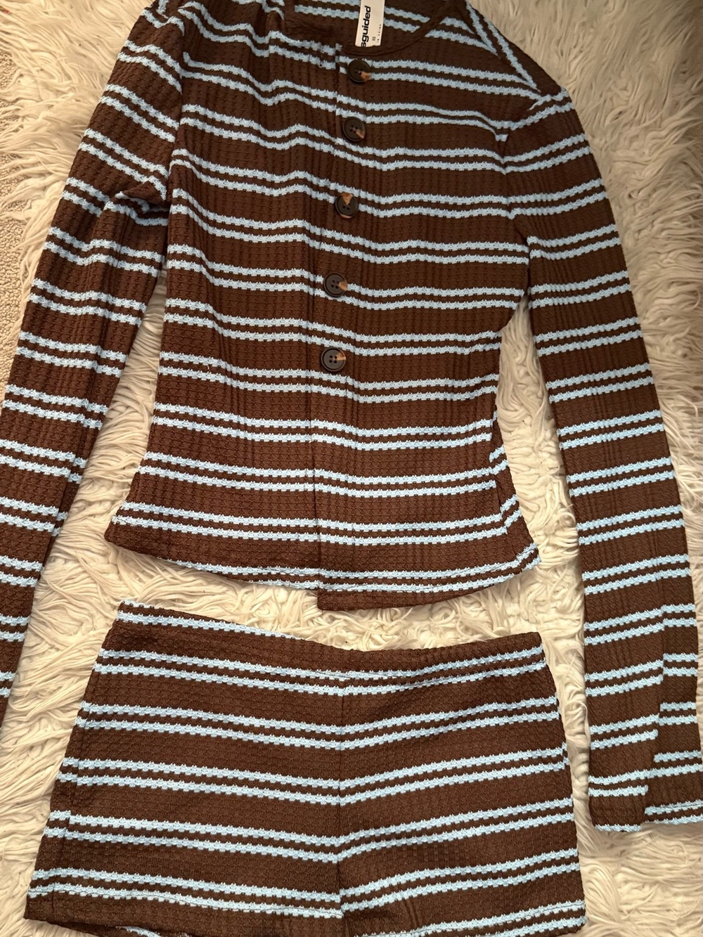 Missguided Brown & Light Blue Striped Knit Button Cardigan